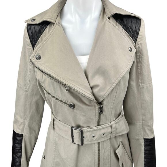 Guess Women's Tan Leather Trim Long Sleeve Zip Up Belted Trench Coat Jacket Sz S - Picture 3 of 5